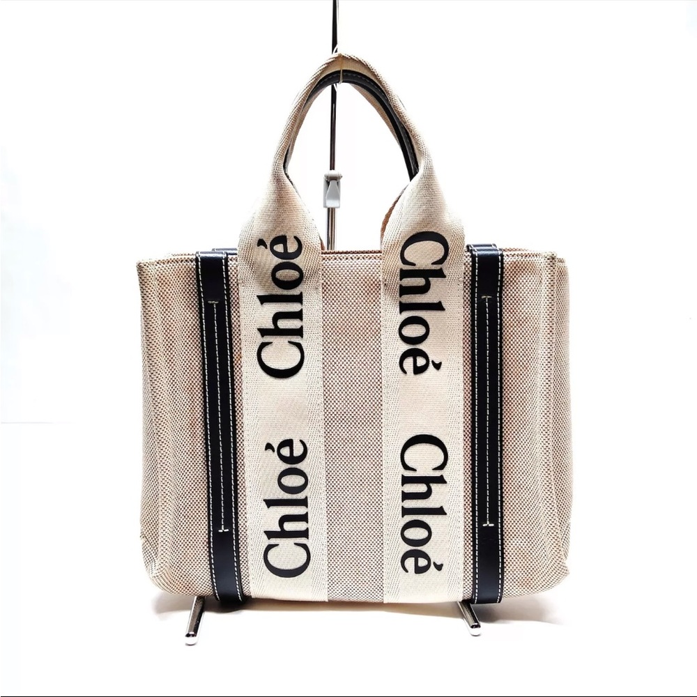 Chloe Small Woody Tote Bag Dark Navy/Black  & White Linen Crossbody EUC
